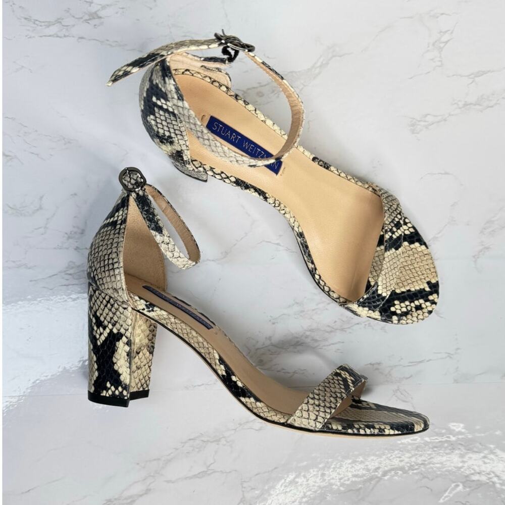 Stuart Weitzman NearlyNude Block Heels Snake‎ Print Leather Sandals Heels Size 7